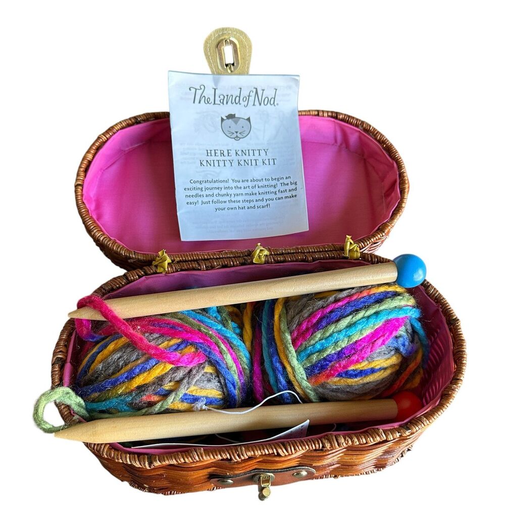 The Land of Nod Here Knitty Knitty Knit Kit Basket Set w/ Yarn & Wooden Needles - Picture 2 of 6